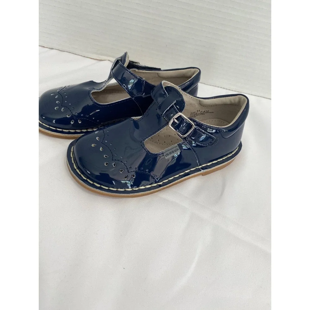 L'Amour Mary Jane T-Strap Girls Size 11 Navy Blue Patent Brogue Dress Shoes